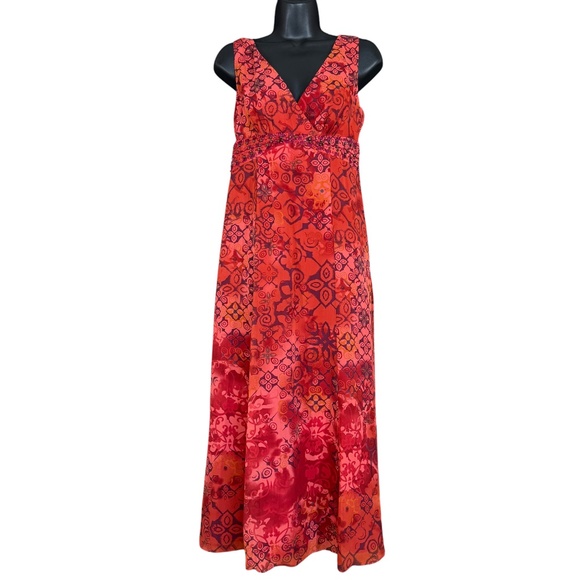 Coldwater Creek Dresses & Skirts - Coldwater Creek Silk Coral V-Neck Beaded Empire Waist Boho Print Maxi Dress 6